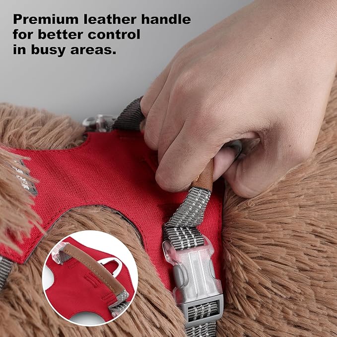 No Pull Dog Harness – Adjustable Reflective Nylon Vest for Small Medium Large Dogs, Escape Proof Training Harness with Leather Control Handle, Lightweight Aluminum Hardware (Red, XL)