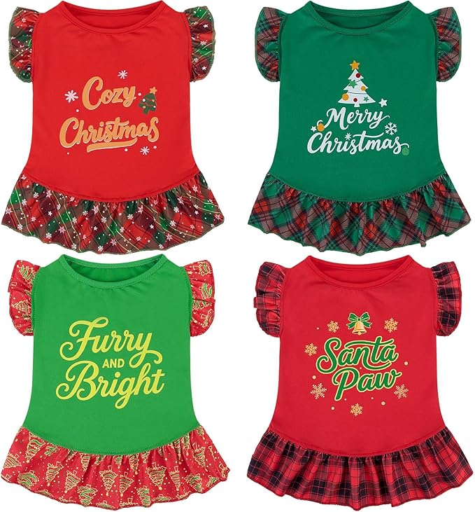 XPUDAC 4 Pack Christmas Dog Dress Plaid Puppy Clothes for Small Dogs Girl Cute Pet Outfit Doggy Apparel Cat Holiday Party Costume, Red, Green, M
