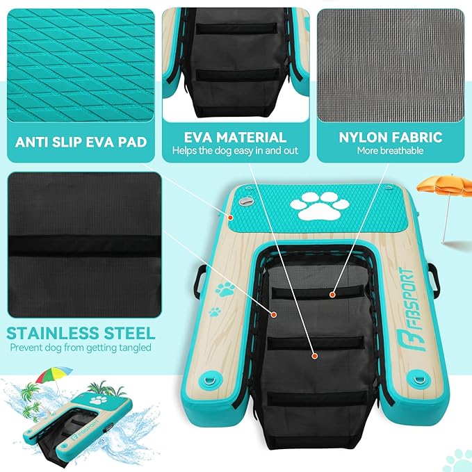 FBSPORT Inflatable Dog Boat Ramp Floating Dock Water Ladder for Pool, Boat, Non-Slip EVA Floating Ladder Pool Ramp for Dog Up to 220 LBs, Safe & Easy Access