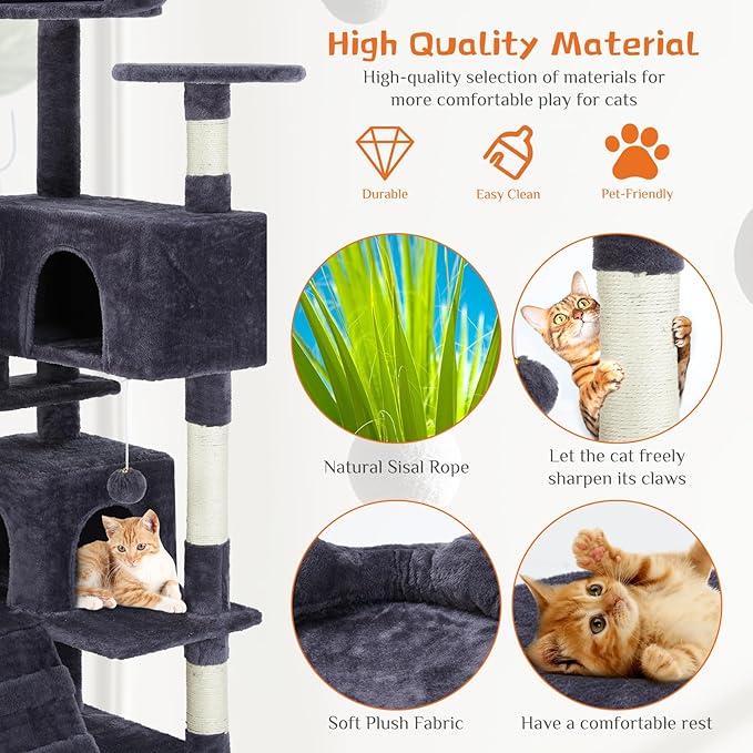 Sweetcrispy 54 Inch Cat Tree Tower, Multi-Level with Cat Scratching Post, Indoor Cat Condo with Climbing Ladder, Plush Toy, Play House for Cat, Dark Grey