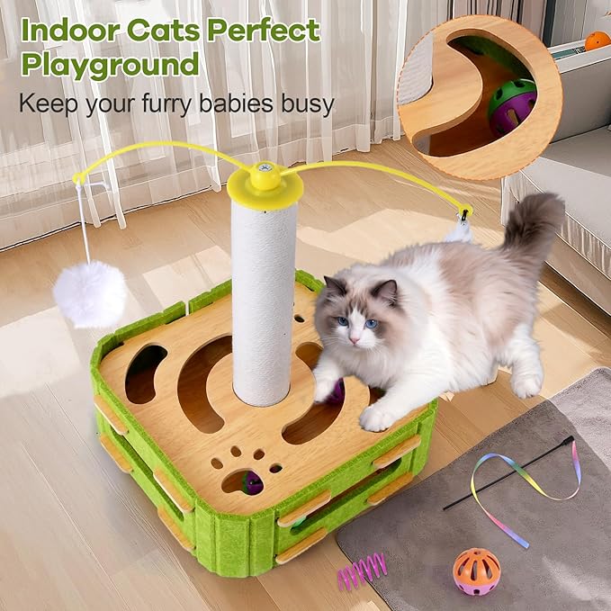 5-in-1 Cat Toys Interactive Wooden Cat Puzzle Toy Intelligence Treat Puzzle Feeder Box Game Enrichment Accessories with Jingle Balls, Wands, and Spiral Springs for Indoor Kitten Adult Cat