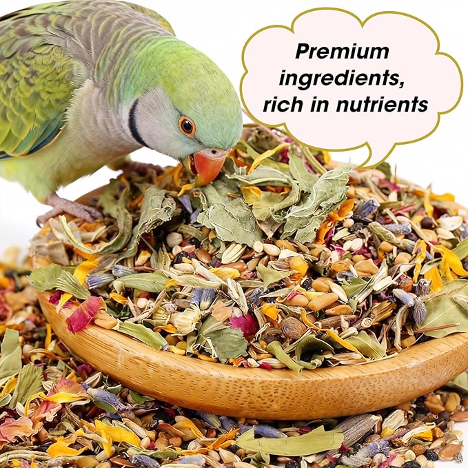 Abizoo Cockatiel & Conure Bird Foods Treats Seed Supplement for Love Birds Quaker Parrot Parakeets Digestive Health & Feather Support with Chia Flax Seeds Calendula Natural Comida para Pajaritos