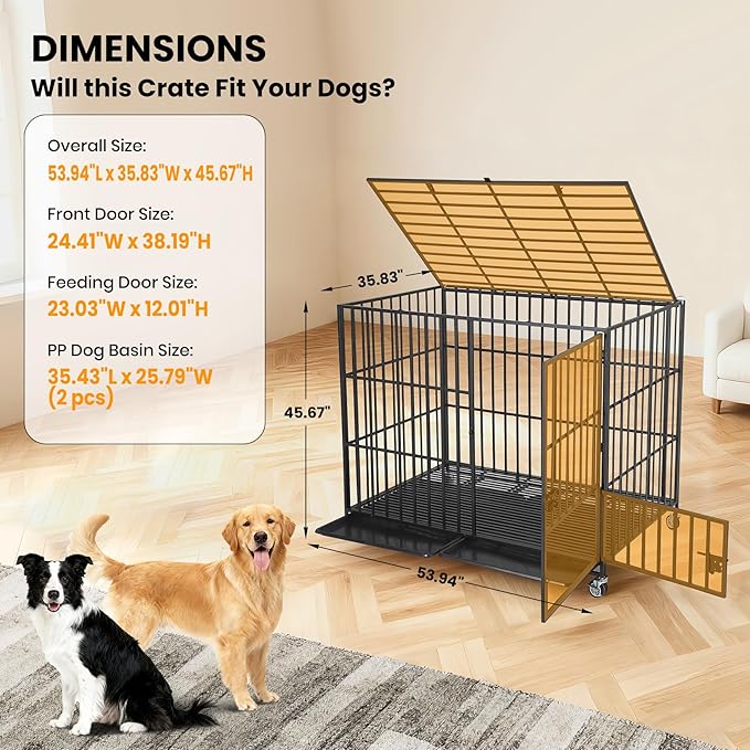 54 Inch Heavy Duty Dog Crate with Wheels, Escape Proof Metal Kennel with 3 Doors & Removable Tray for Large Medium Dogs, Black