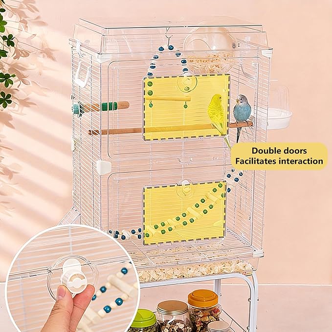 8-in-1 Clear View Bird Cage - Double Layer Small Birdcage with Common Accessories, Indoor & Travel Bird Carrier for Canary, Parakeet, Parrot, Budgies, Cockatiels, 18 * 12 * 27in