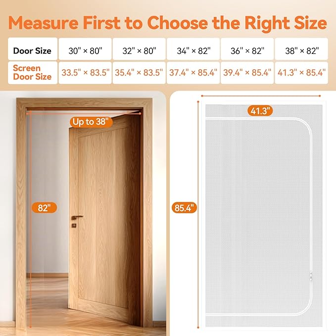 BFNN Cat Screen Door, Extra Tall Cat-Proof Mesh Gate, Fit Door Size 38'' x 82.5'', Anti Scratch Mesh with Zipper Closure, for Living Room, Kitchen, Bedroom (White)