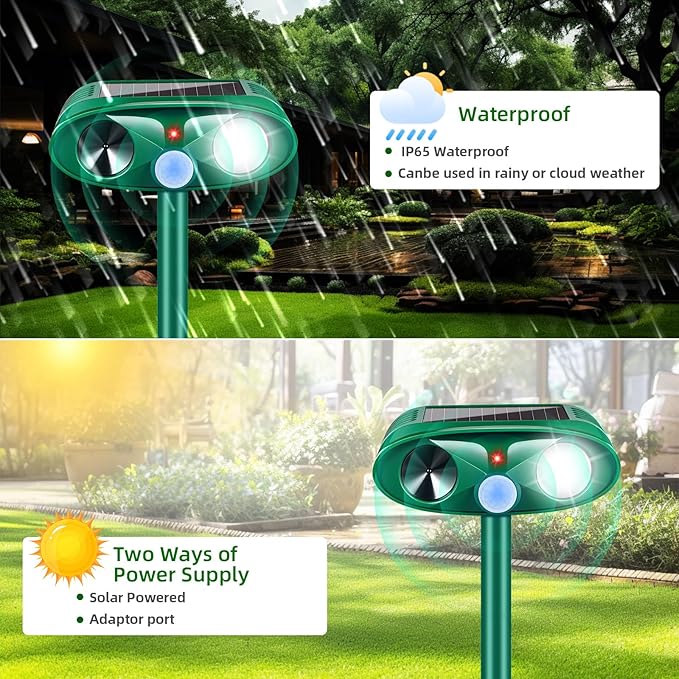 2026 Solar Ultrasonic Animal Repellent Outdoor Motion Activated Cat Deer Repellent IP65 Waterproof Squirrel Raccoon Fortress Pro Skunk Rabbit Dog Bird Deterrents Animal Repeller for Garden Yard,2 Pack