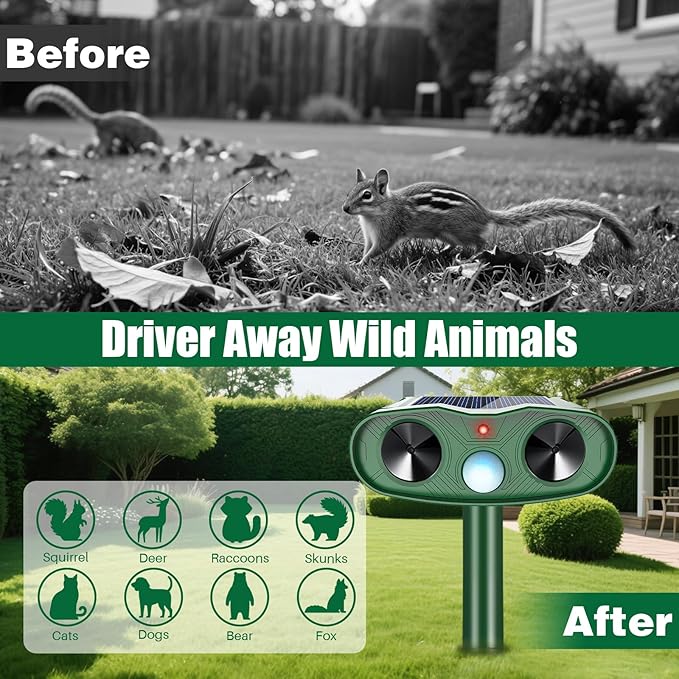 2025 Solar Ultrasonic Animal Repellent Sonic Fortress Pro Raccoon Repellent Cat Repeller Deer Deterrent with Motion Sensor to Keep Squirrel Rabbit Dog Skunk Out of Garden Yard(4Pack)