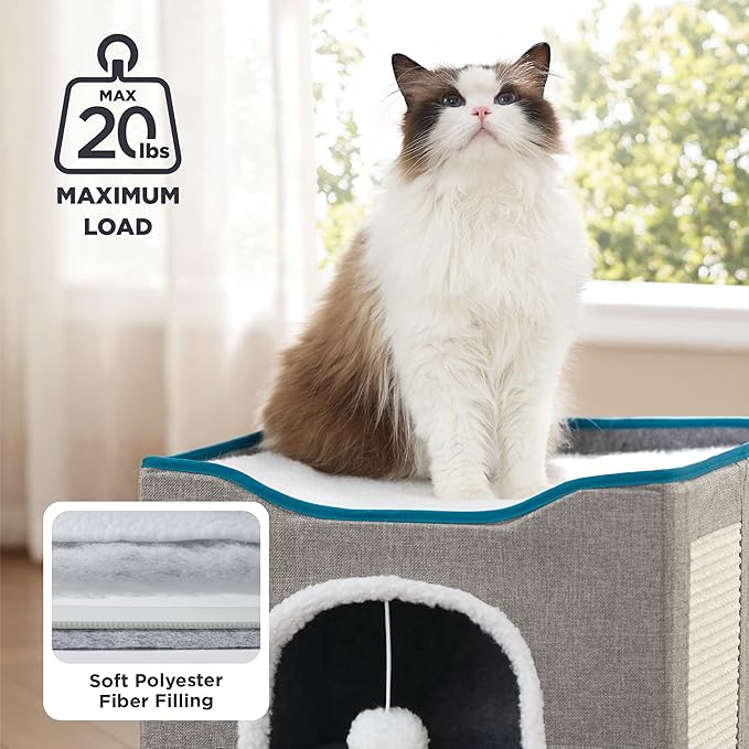 Bedsure Cat Beds for Indoor Cats - Large Cat Cave for Pet Cat House with Fluffy Ball Hanging and Scratch Pad, Foldable Cat Hideaway, 16.5x16.5x13 inches, Dark Grey