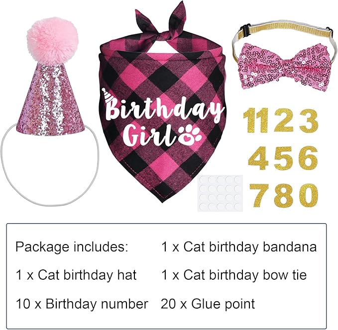 Cat Birthday Decorations, Cat Birthday Hat with Numbers Bandana Bow Tie for Cats Kittens (Pink)