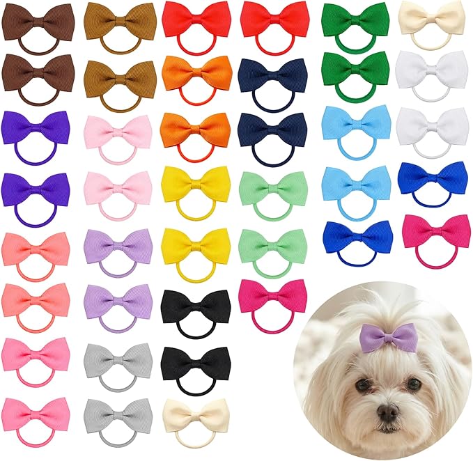 40 Pcs Hair Bows for Dogs, 2 Inches Small Puppy Hair Bows with Rubber Bands Dog Hairs Clips for Yorkie Doggies Cat Kitten Rabbit Pet Grooming