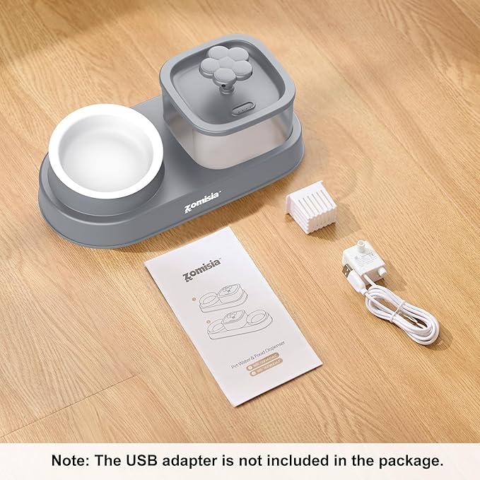 Cat Water Fountain and 1 Ceramic Food Bowl - 2 in 1 Ultra Quiet Automatic Pet Food and Water Bowl Set for Kitty, Gray (No Adapter)