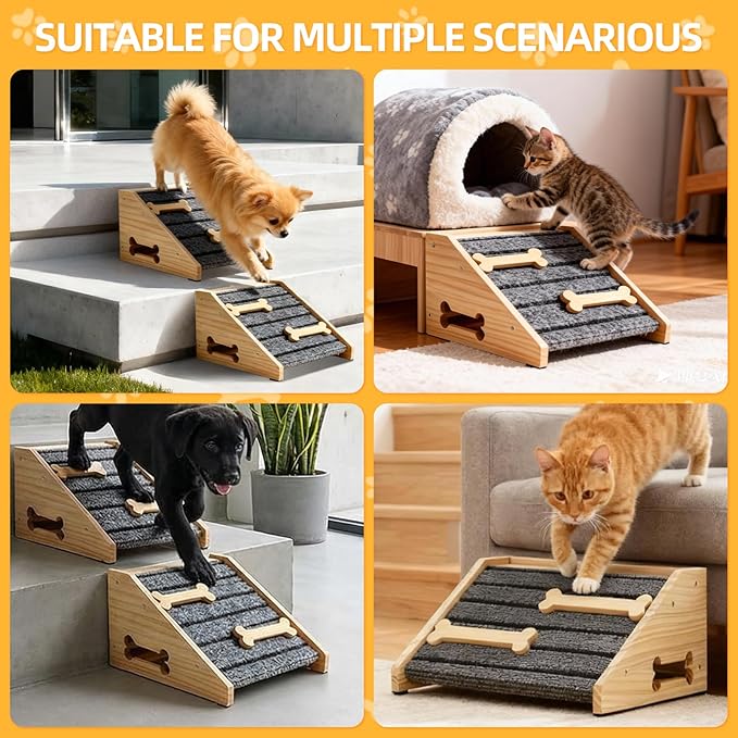 2-Pack Wooden Dog Ramp for Stairs - Natural Pine Wood Pet Step Ramp with Anti-Slip Bone Strips & Felt Padding, Stair Wedge for Small Medium Dogs, Indoor Home Safety Access for Injured Dogs
