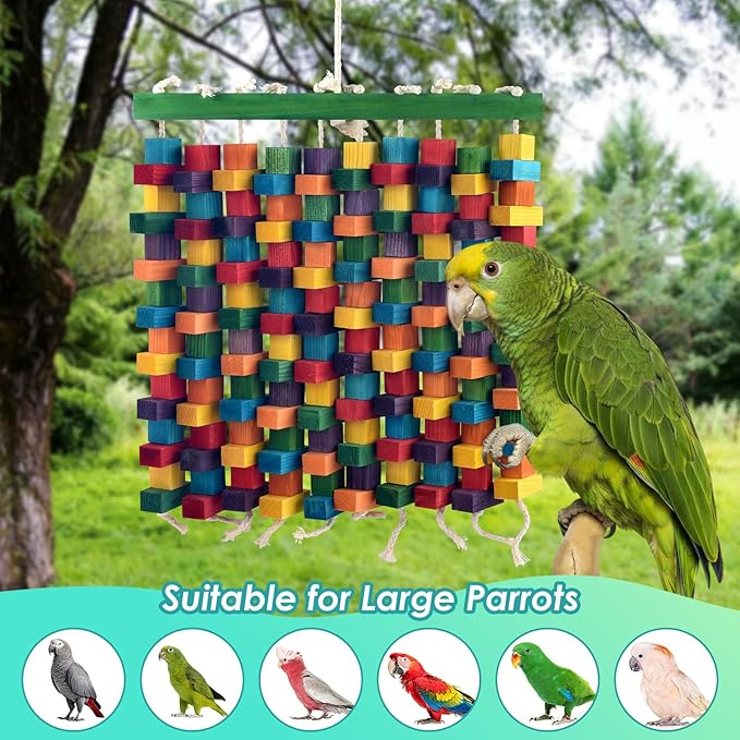 Large Bird Toy, 20in Parrot Toys for Cage, Multicolored Natural Chew Wooden Blocks for Medium to Large Macaws, Amazon, African Grey, Cockatoos