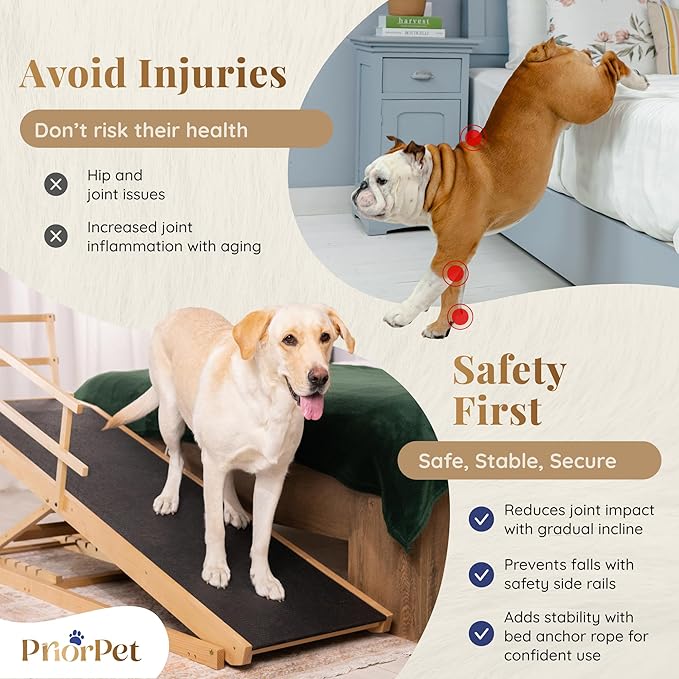 Dog Ramp for Bed with Safety Rails for High Beds up to 37" – Extra Wide 19.5" Adjustable Dog Bed Ramp for Large Dogs up to 200 lbs – Solid Birchwood, Non-Slip Rubber Surface, Foldable Design – Natural