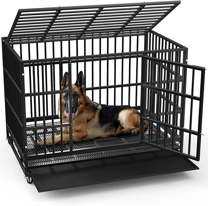 LEMBERI 48 Inch Heavy Duty Indestructible Dog Crate, Escape Proof Double Door Dog Kennel with Lockable Wheels, High Anxiety Extra Large Dog Cage Indoor Use, with Removable Tray