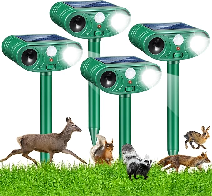 2026 Solar Ultrasonic Racoon Fortress Pro, Deer Cat Repellent Devices Animal Repeller Squirrel Rabbit Deterrent Outdoor with Motion Sensor&Flash Light to Scare Dog Out of Garden Yard(4Pack)