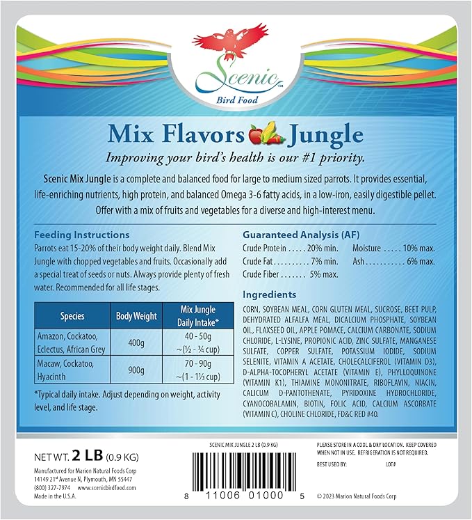 Scenic Mix Jungle Large Parrot Food - 2 lb Bag - 1" Bird Pellets - Complete Nutrition for Macaws, Amazons, Cockatoos, African Grey Parrots & More