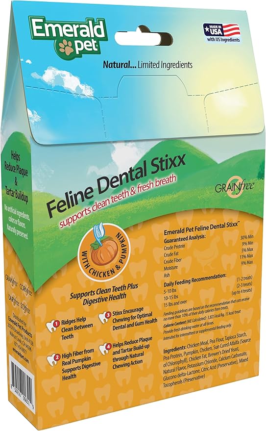 Emerald Pet Feline Dental Stixx — Tasty and Crunchy Cat Sticks with Pumpkin for Digestive Health — Natural Grain Free Treats for Clean Cat Teeth and Fresh Breath — Chicken Stixx, 3.6 oz