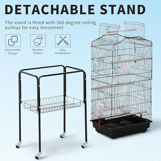 HCB 64-Inch Open Top Standing Bird Cage with Rolling Stand for Parrots Lovebirds Parakeets Cockatiel Medium Small Bird Cage, Black, 64 Inch (Pack of 1)