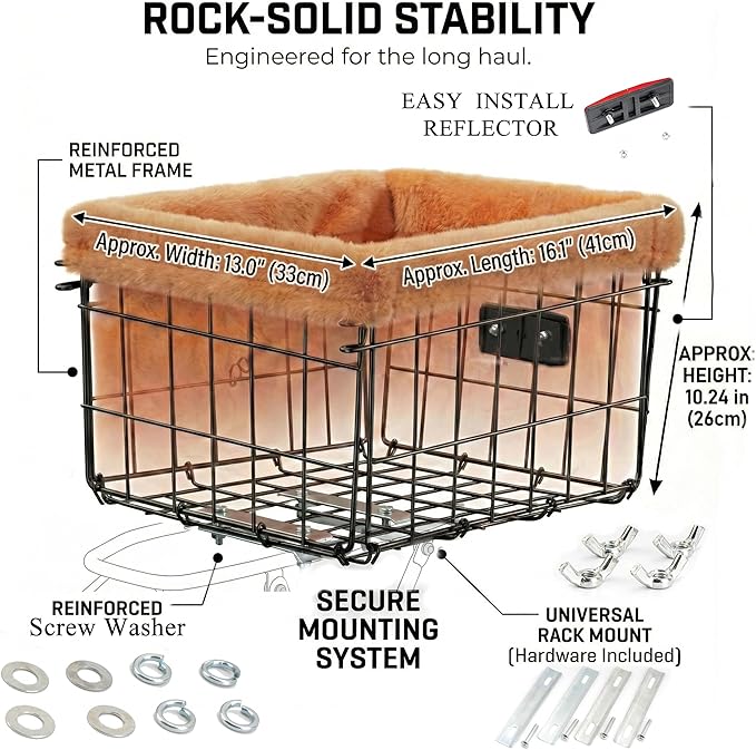 Xixter Pet Bike Basket with Liner & Mounting Hardware – Metal Wire Rear Bike Basket for Dogs & Cats – Comfortable Plush Bicycle Basket for Adult Bikes,Scooters – Secure Universal Rack Mount