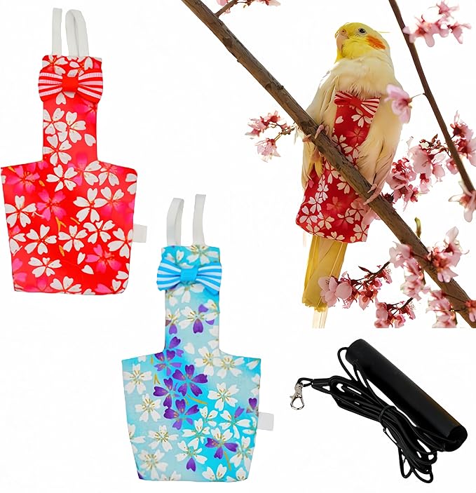 2 Pcs Bird Diapers Bird Harness Flight Suits Diapers with 80in Flying Leash Reusable Parrot Nappy with Waterproof Inner Layer for Cockatiel Budgie Conure Parakeet Lovebird-Red&Light Blue