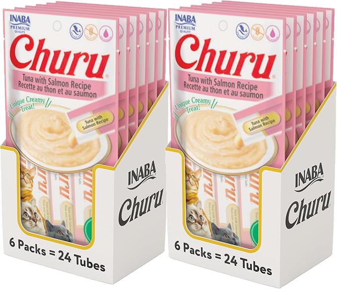 INABA Churu Cat Treats, Grain-Free, Lickable, Squeezable Creamy Purée Cat Treat/Topper with Vitamin E & Taurine, 0.5 Ounces Each Tube, 48 Tubes (4 per Pack), Tuna with Salmon Recipe