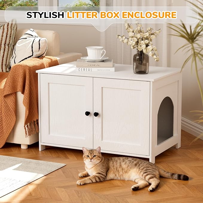 Cat Litter Box Enclosure Furniture Dog Proof, Hidden Kitty Washroom Cabinet Low Entry, Wooden Cat Boxes Enclosure Odor Control for Home, Farmhouse Style Decorative TV Stand with Storage, White