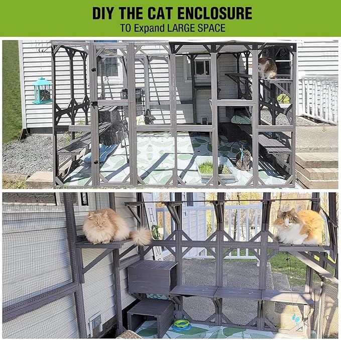 GUTINNEEN Catio Outdoor Cat Enclosure Large Walk in Window Cat House for Mulitiple Cats with 7 Platforms and 2 Resting Box,Asphalt Roof,70 inch