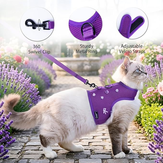 Cat Harness and Leash for Walking Escape Proof Breathable Mesh Fabric, Purple, Extra Large, Adjustable Cat Walking Jackets with DIY Beads, Padded Stylish Cat Vest