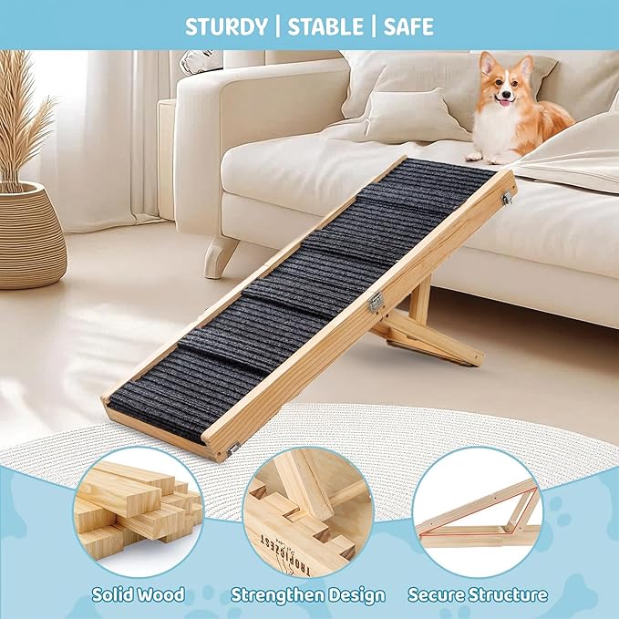 Medium Dog Ramp for Bed and Couch Wooden Adjustable Pet Stairs for Dogs and Cats 34.6" Non Slip Foldable Ramp with 5 Height Settings 13.6"-21.5" for Puppies, Pets, Indoor Outdoor Use