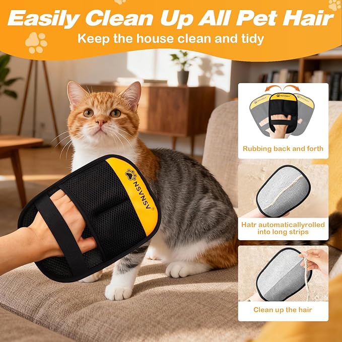 Pet Hair Removal Gloves, Ease of Removal Electrostatic Cat Dog Hair Remover Glove, Reusable Magic Brush Pet Hair Remover Tool for Clothing, Carpet, Sofa Gaps, Car Seat, Yellow, 2PCS