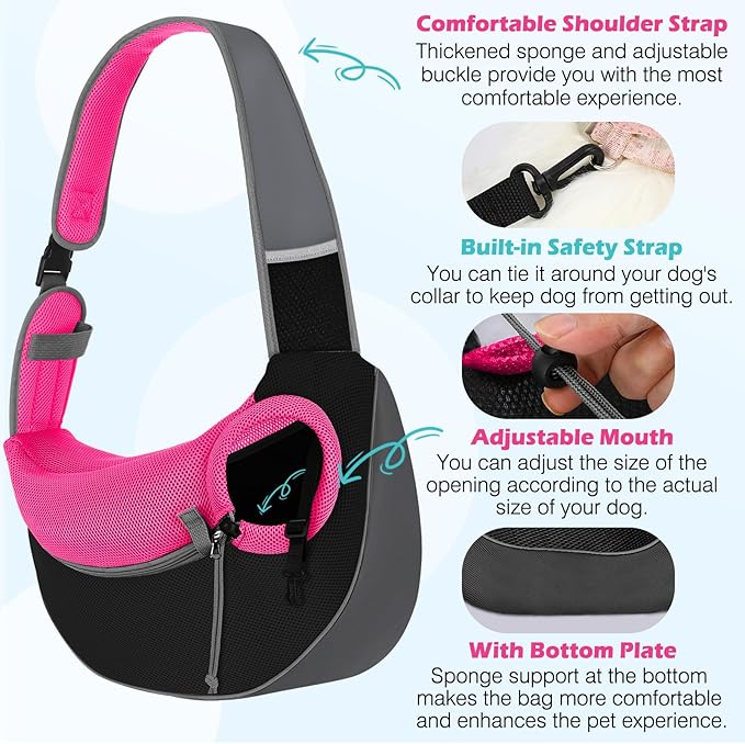 Pawaboo Dog Sling Carrier, Hand Free Breathable Mesh Bag for Puppy Cat, Drawstring Dog Papoose with Adjustable Strap and Pocket, Crossbody Satchel Dogs Purse for Outdoor Travel, M, Magenta
