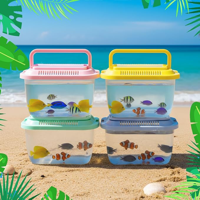 24 Pcs Plastic Fish Bowls with Ventilated Lids and Fishing Nets Bulk Set Include 12 Fish Bowl with Handle and 12 Fishing Nets for Collecting Fishes Crabs Sea Creatures for Summer Beach Party Favors