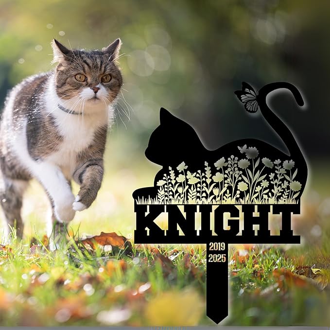 Pet Cemetery Cat Grave Marker – Personalized Outdoor Cat Headstone, Custom Name & Lifespan Dates Pet Grave Markers, Available in Multiple Styles and Colors