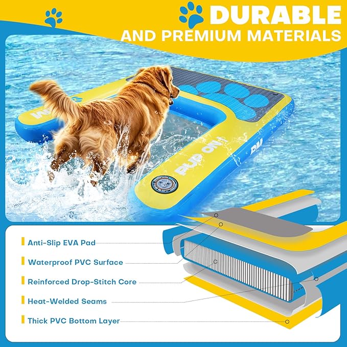 Beyond Marina Dog Pool Ramp, PUP ON! Inflatable Dog Water & Boat Ramp for Lake & Dock, Floating Pontoon Dock Ladder with Non-Slip EVA Platform, Extra Large 4 ft x 3.3 ft, Blue/Yellow, Supports 200 lbs