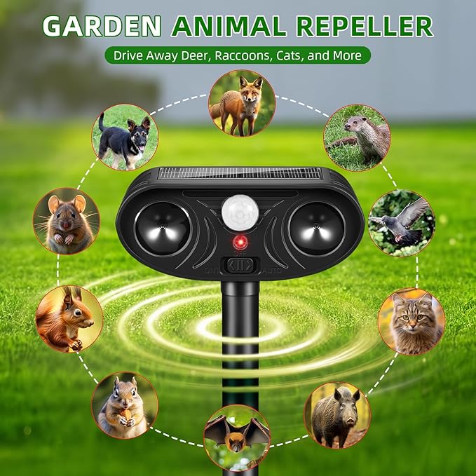 2026 Upgraded Solar Ultrasonic Animal Repellent Deer Repellent Devices Cat Deterrent Outdoor with Motion Sensor Dog Deterrent Keep Raccoon Squirrel Skunk Rabbit Away from Yard Lawn Garden 4 Pack