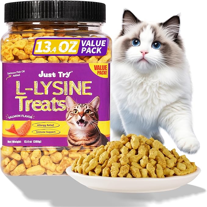 Just Try 13.4 OZ Lysine Cat Treats Natural Salmon Flavor Healthy Cat Training Biscuits Snacks Lysine Dental Care Treats for Cats & Kittens