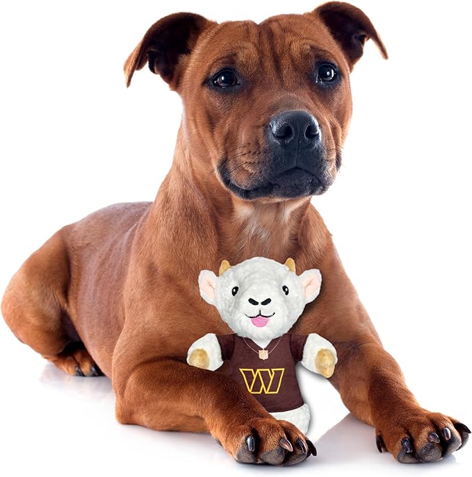 Pets First NFL Wshington Commanders Plush Goat Animal for Dogs and Cats with Squeaker, Wearing a Team Jersey! Fun & Sporty Goat Shaped Dog Chew Animal