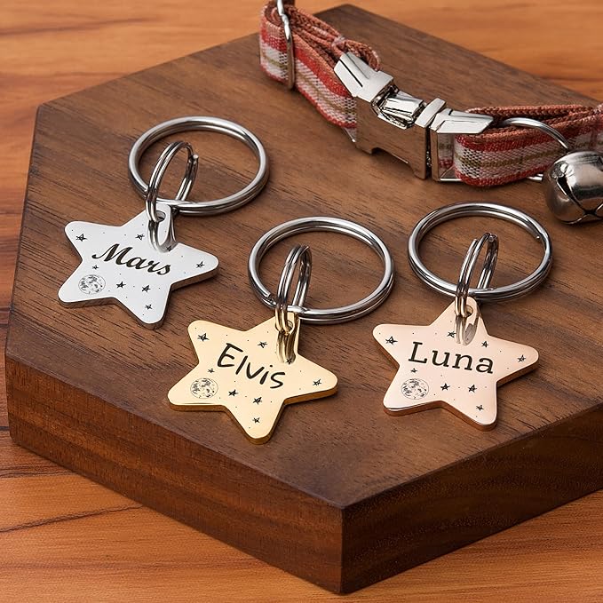 Anavia Small Size Dog Cat ID Tags, Small/XS Personalized Color Plated Stainless Steel Puppy Kitten Name Tags, Customized Engraved Nameplate Pet Collar Tag (Black, Star)