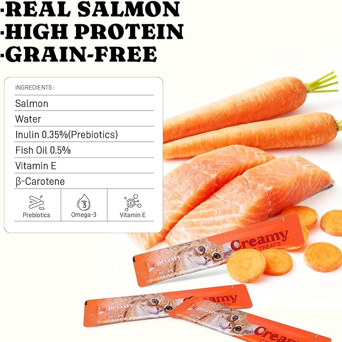 Lickable Cat Treats, High Moisture Hydrating Creamy Puree Squeeze Tubes, Slamon Flavor, 20 Tubes 0.5oz, Grain-Free, Omega Oils & Vitamin E, Skin & Coat Health, Digestive and Immune Support