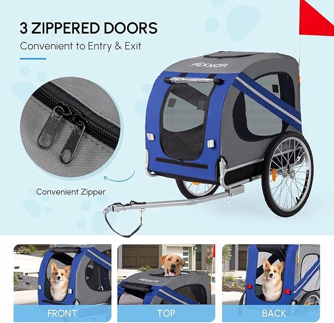 PEXMOR Dog Bike Trailer - Folding Pet Cart w/Universal Hitch, Cargo Carrier for Dog & Quick Release 20" Wheels & 3 Entrances