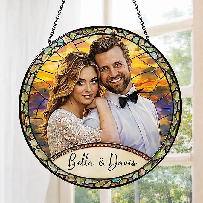 LOVELYPOD Custom Photo Stained Glass Suncatcher Couple Portrait Window Hanging, Valentine Gift Him Her Boyfriend Girlfriend, for Husband Wife, Christmas Ornament for Family