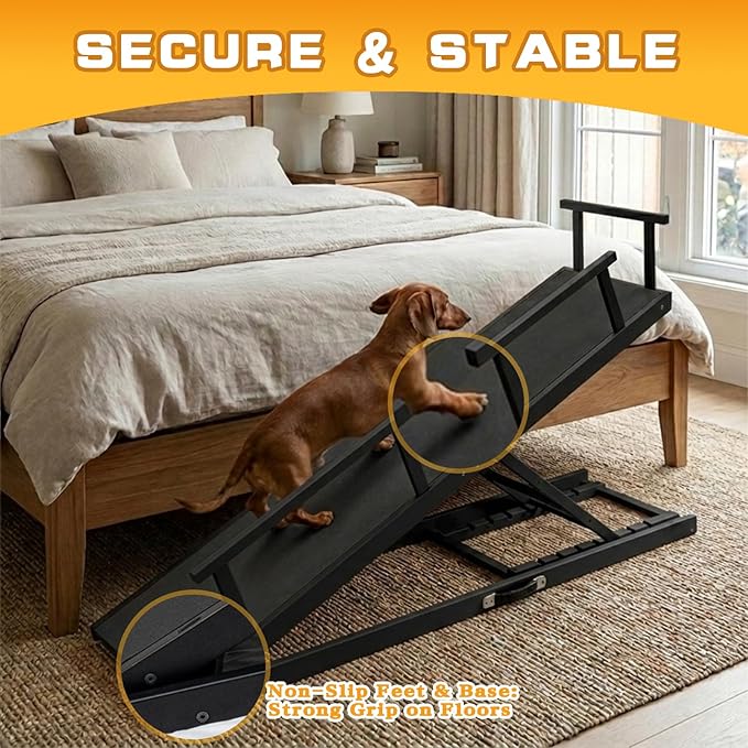 7 Adjustable Dog Ramp for Bed, Couch - 63" Foldable Birchwood Dog Ramp with Safety Rails, Non-Slip EVA Surface & DIY Glow in The Dark Strips, Wooden Pet Ramp for Large Dogs Supports 250Lbs