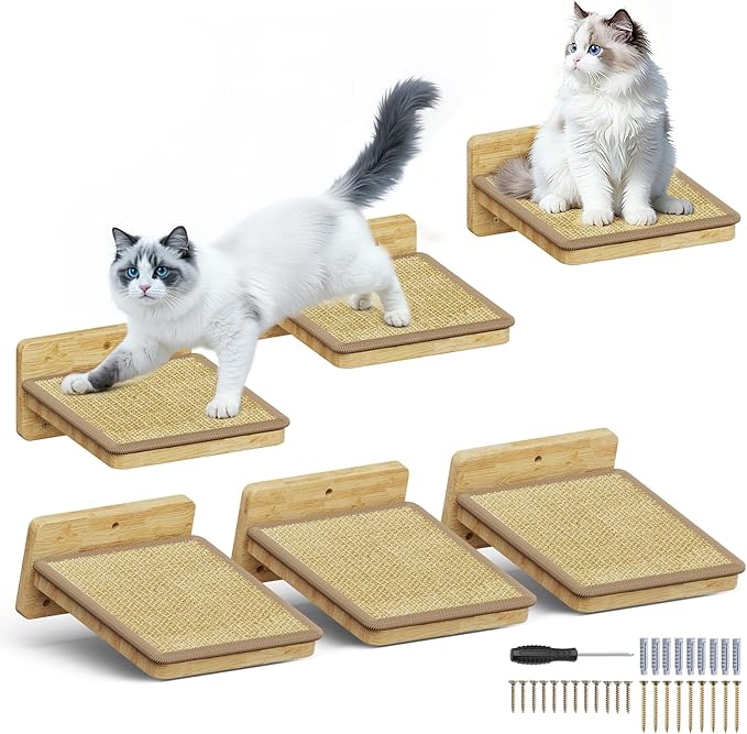 3Pcs 8"×7" Cat Wall Steps - Cat Stairs for Wall, Ladder Natural Wood with Fixtures,Turn Around or Climbing or Playing for Kittens and Adult Cats