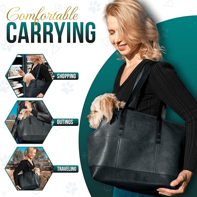 Faux Leather Dog Carrier for Small Dogs, Water-Resistant Designer Dog Purse with Safety Harness, Fashion Pet Carrier for Dogs 5-15 lbs, Luxury Dog Shoulder Carrier, Black