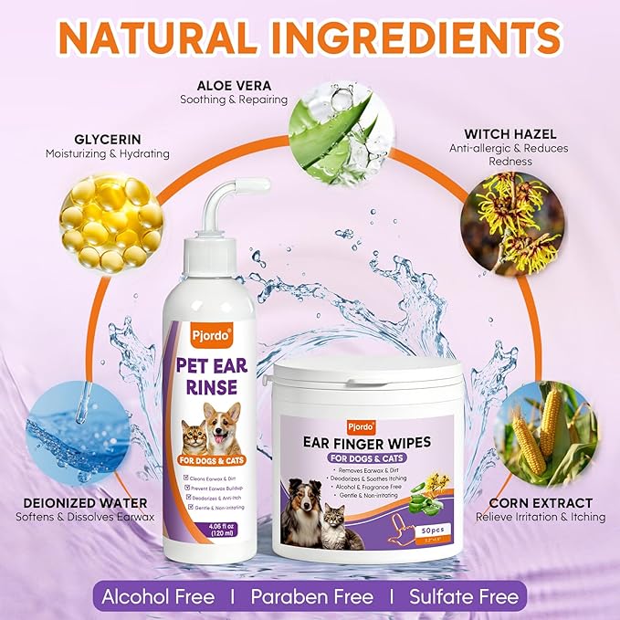 Dog Ear Cleaner Kit - Dog Ear Wash with Aloe Vera & Witch Hazel, Dog Ear Finger Wipes & Ear Cleaner Solution for Dogs and Cats, Gently Remove Ear Wax & Debris, Soothe Ear Itching, Deodorize