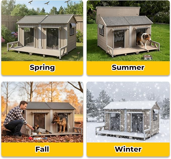 59" L Extra Large Dog House Outdoor for 2 Dogs, XL Wooden Dog House Pet Shelter Weatherproof with 2 Window, Openable Roof, All-Around Iron Frame, Removable Floor, Balcony for Large Small Dogs