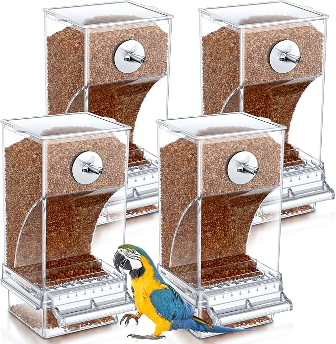 Yaomiao 4 Pcs No Mess Small Bird Feeders Automatic Parakeet Water Dispenser Clear Quail Feeder and Watered Cage Accessories for Small and Medium Parakeet Cockatiel Canary(Seed Feeder,Transparent)