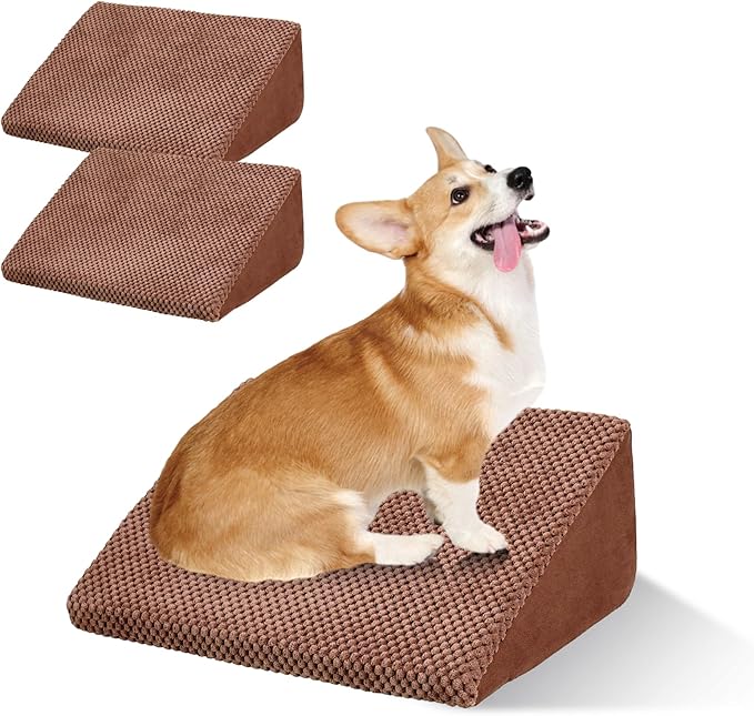 40D Dog Ramp for Stairs for Small & Senior Dogs and Cats – Non-Slip Stair Ramp for Dogs with Gentle Slope, Pet Ramp with Washable Cover & Self-Sticky Pads for Safe Climbing Easy Install(Brown, 3 Pack)