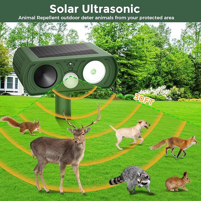 Upgraded Solar Ultrasonic Animal Repellent Outdoor, Deer Repellent Devices Squirrel Cat Raccoon Rabbit Dog Deterrent, Keep Skunk Away Motion Detection with Flash Light for Yard Garden Lawn 2PACKGreen